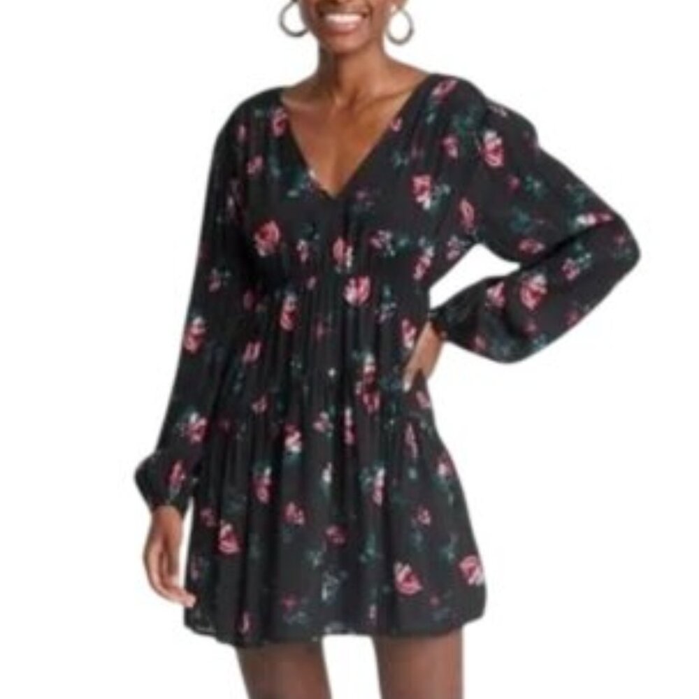 A New Day Women's Floral Balloon Long Sleeve Dropped Waist Mini A-Line Dress -XS